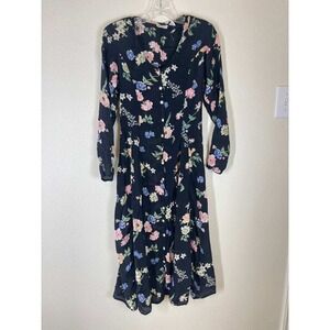 Nectar Women Small Black Floral Rayon Button Front Long Sleeve Midi  Vintage